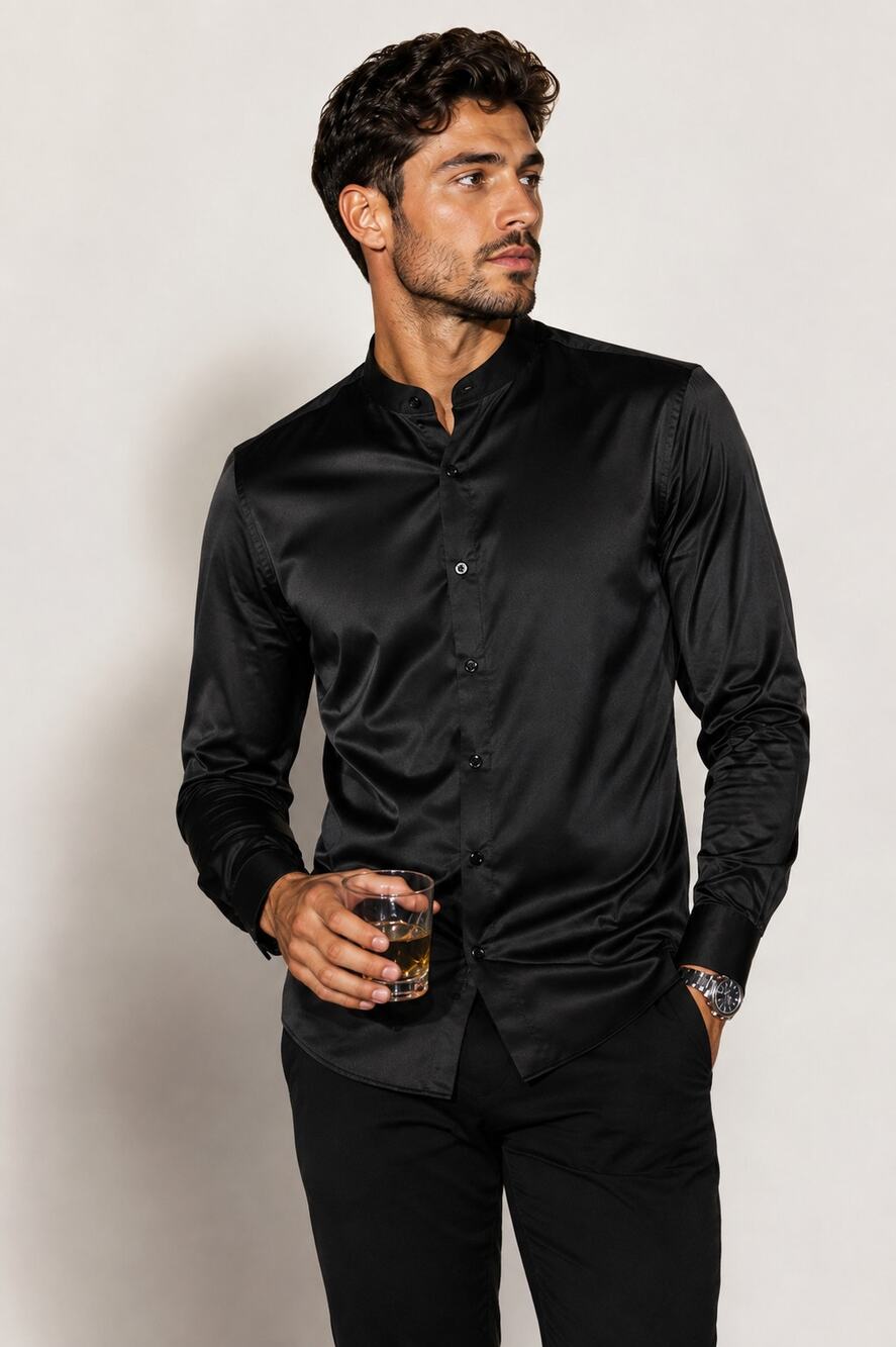 ASOS Design Men's Black Satin Grandad Collar Button Shirt Medium